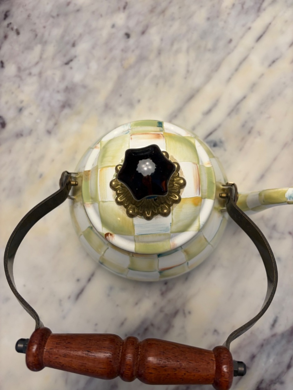 MacKenzie-Childs Parchment Check Tea Kettle | Wood Handle | Excellent Condition - Picture 3 of 6